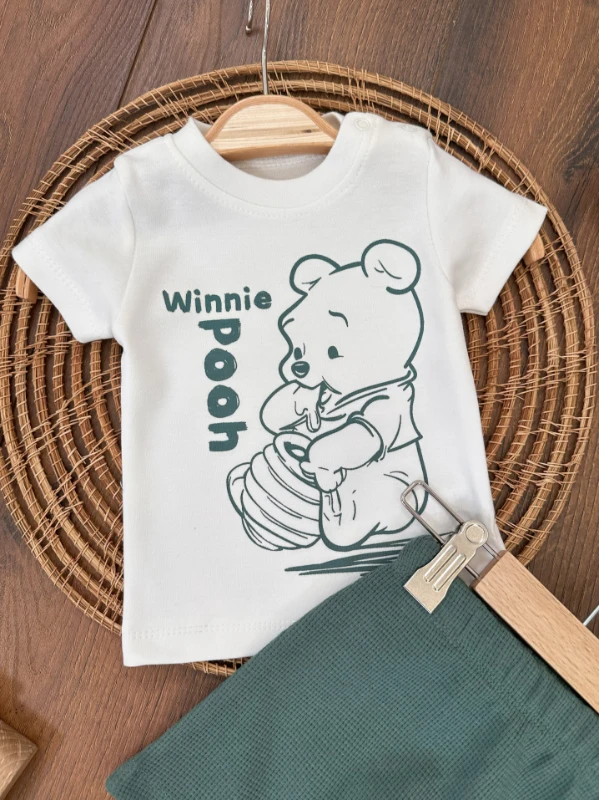 Pooh Baskılı Omuzdan Çıtçıtlı Waffle Şortlu Yazlık Erkek Bebek Takım