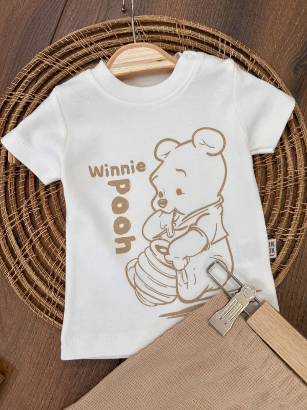 Pooh Baskılı Omuzdan Çıtçıtlı Waffle Şortlu Yazlık Erkek Bebek Takım