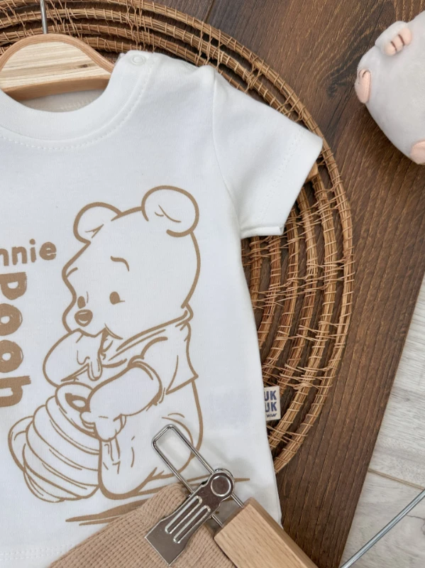 Pooh Baskılı Omuzdan Çıtçıtlı Waffle Şortlu Yazlık Erkek Bebek Takım