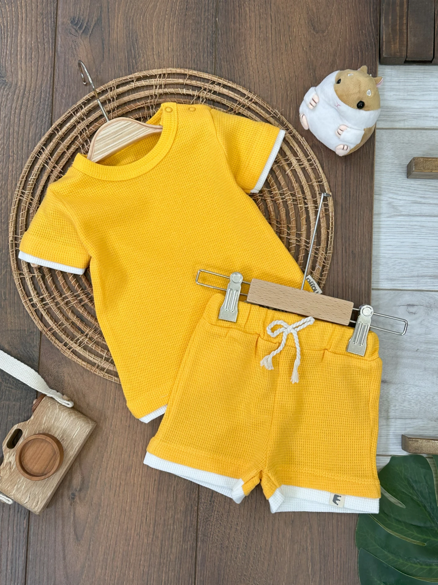 Waffel Kumaş Omuzdan Çıtçıtlı Yazlık Erkek Bebek Takım