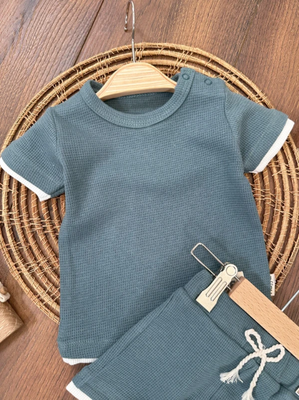 Waffel Kumaş Omuzdan Çıtçıtlı Yazlık Erkek Bebek Takım