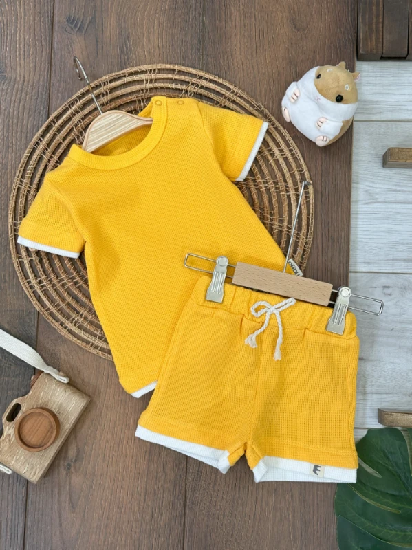 Waffel Kumaş Omuzdan Çıtçıtlı Yazlık Erkek Bebek Takım