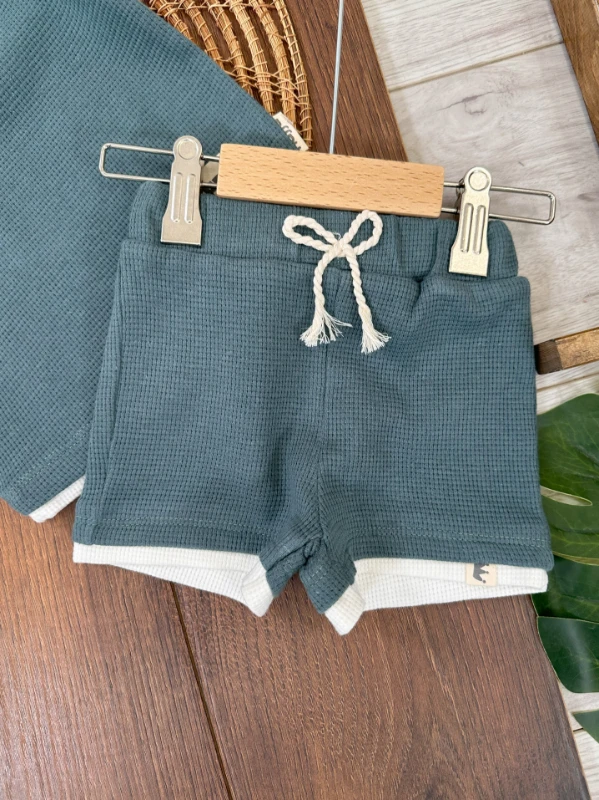 Waffel Kumaş Omuzdan Çıtçıtlı Yazlık Erkek Bebek Takım