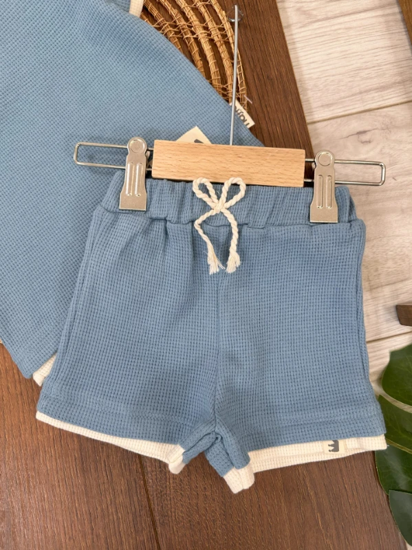 Waffel Kumaş Omuzdan Çıtçıtlı Yazlık Erkek Bebek Takım