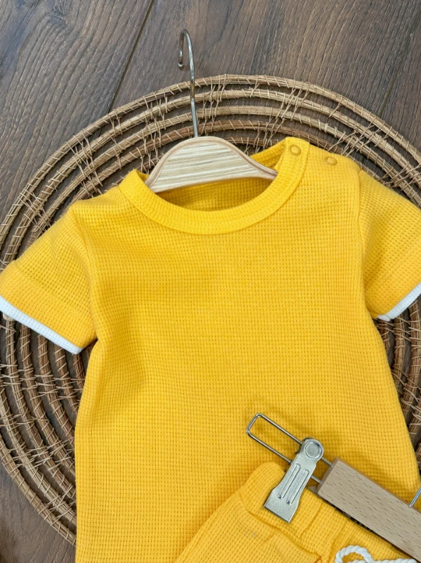 Waffel Kumaş Omuzdan Çıtçıtlı Yazlık Erkek Bebek Takım