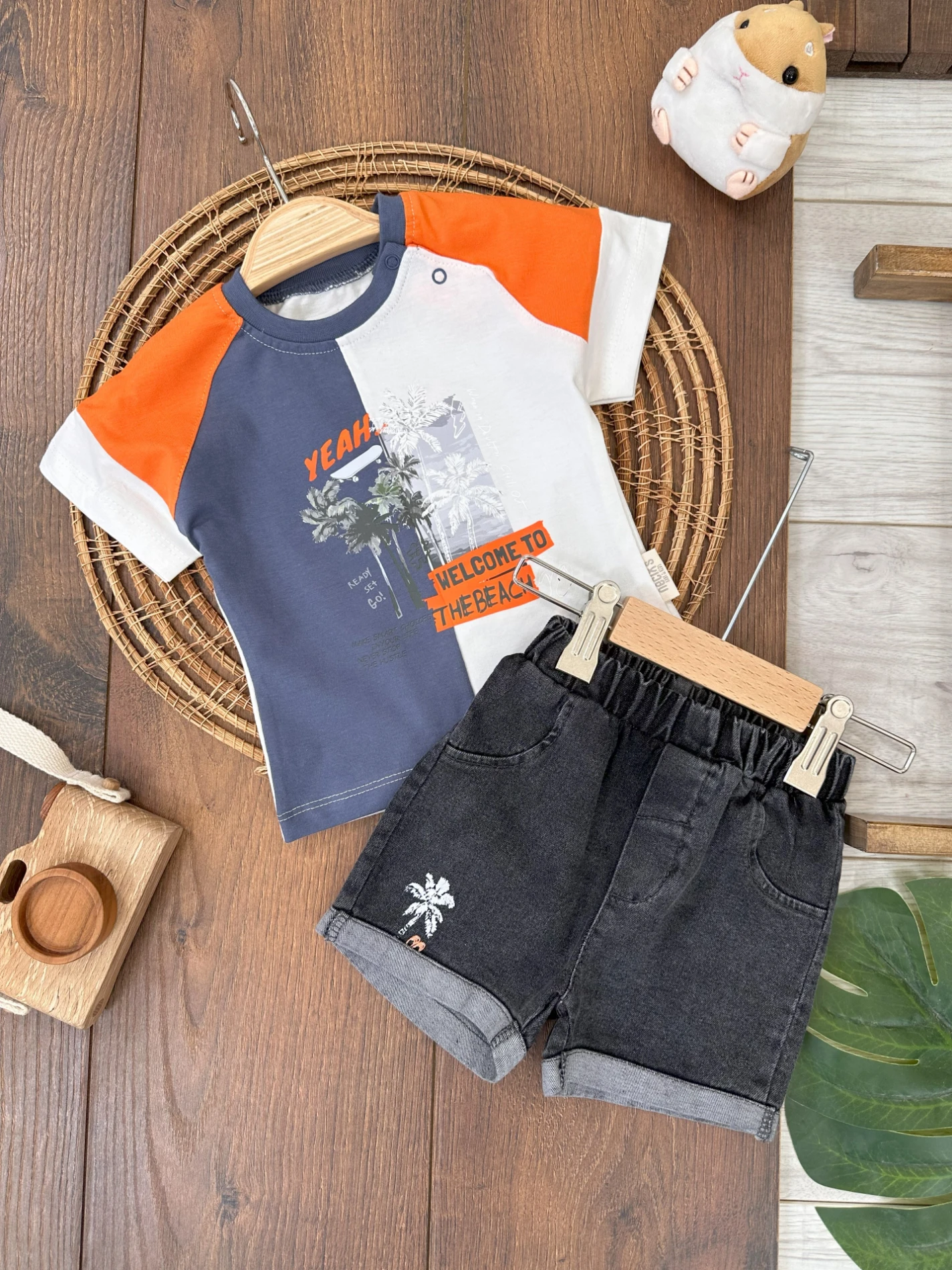Hawaii Desen Omuzdan Çıtçıtlı Likralı Kot Şort Yazlık Erkek Bebek Takım