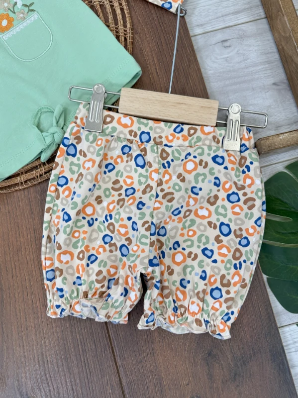 Çiçek Desen Nakışlı Bandanalı Yazlık Kız Bebek Takım