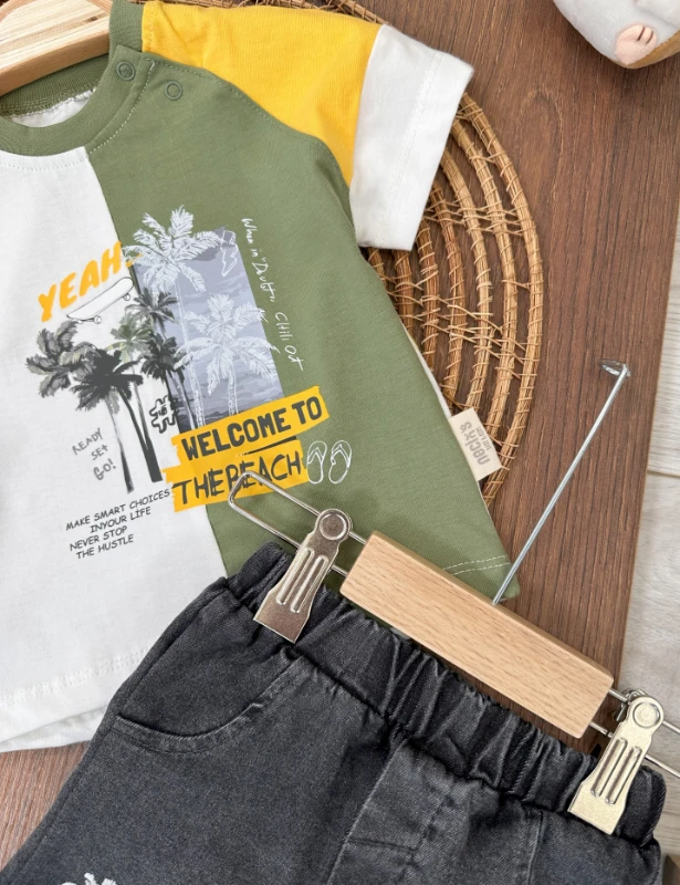 Hawaii Desen Omuzdan Çıtçıtlı Likralı Kot Şort Yazlık Erkek Bebek Takım