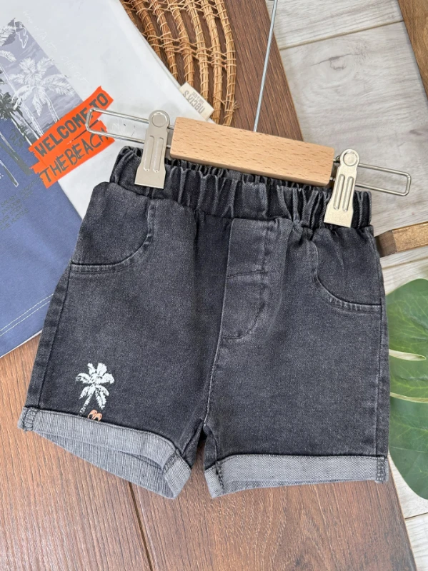 Hawaii Desen Omuzdan Çıtçıtlı Likralı Kot Şort Yazlık Erkek Bebek Takım