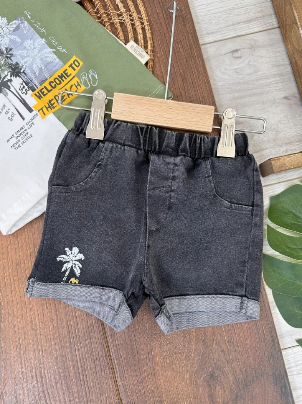 Hawaii Desen Omuzdan Çıtçıtlı Likralı Kot Şort Yazlık Erkek Bebek Takım