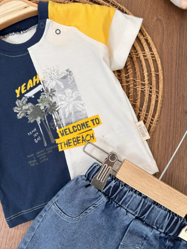 Hawaii Desen Omuzdan Çıtçıtlı Likralı Kot Şort Yazlık Erkek Bebek Takım