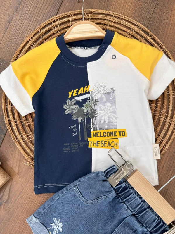 Hawaii Desen Omuzdan Çıtçıtlı Likralı Kot Şort Yazlık Erkek Bebek Takım