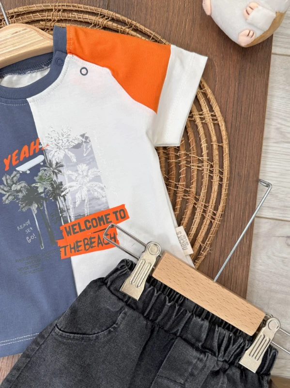 Hawaii Desen Omuzdan Çıtçıtlı Likralı Kot Şort Yazlık Erkek Bebek Takım