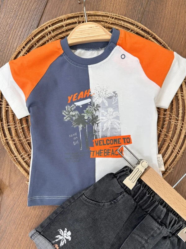 Hawaii Desen Omuzdan Çıtçıtlı Likralı Kot Şort Yazlık Erkek Bebek Takım