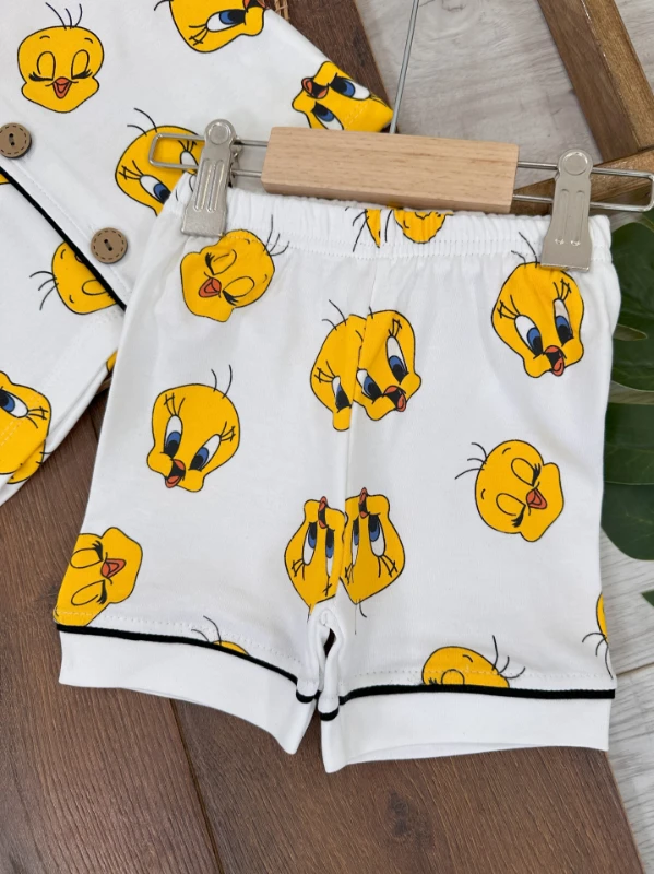 %100 Pamuk Rahat Kalıp Kruvaze Yaka Önden Düğmeli Yazlık Unisex Bebek Pijama Takımı