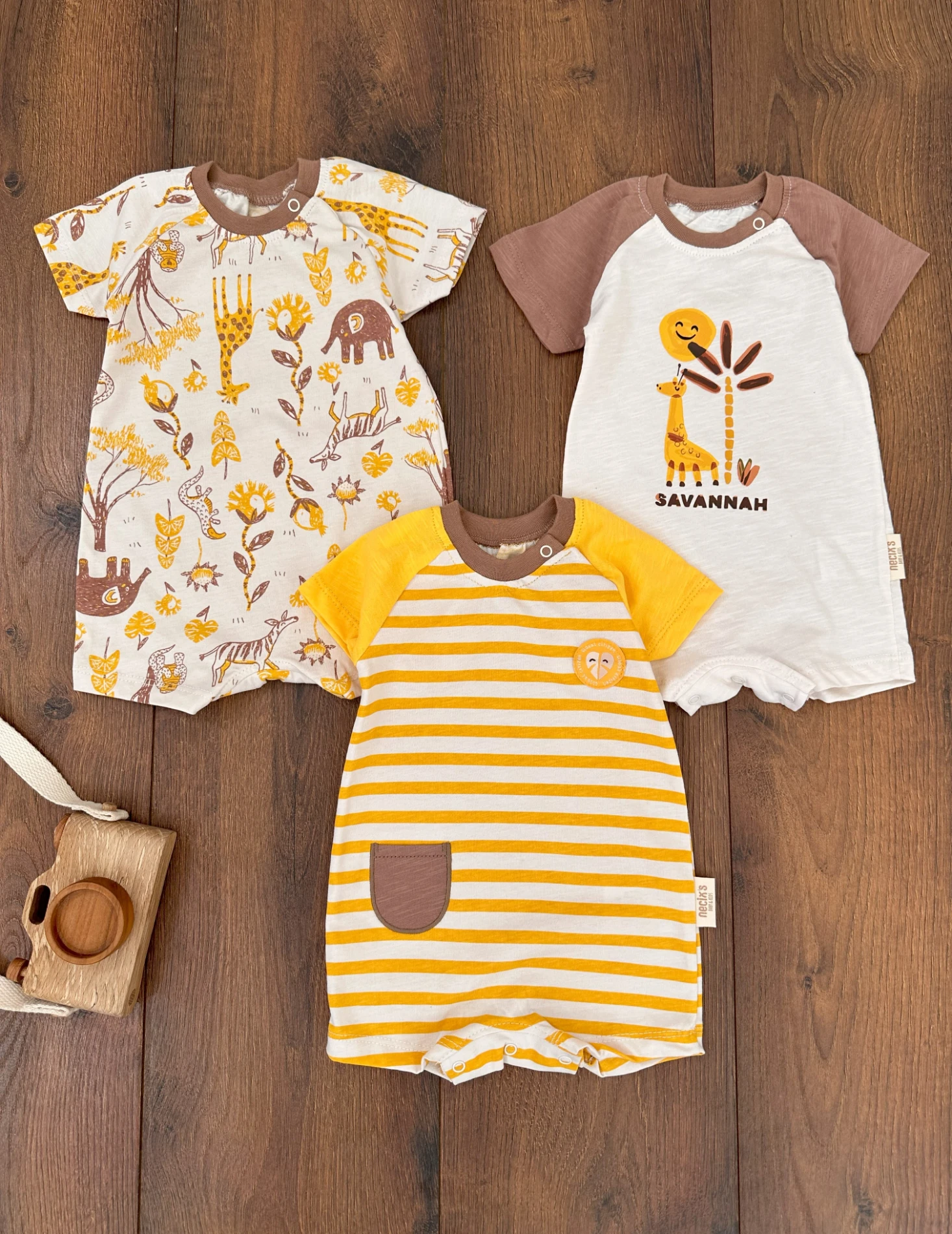 Zürafa Çıtçıtlı Yazlık 3lü Yenidoğan Erkek Bebek Tulum Set
