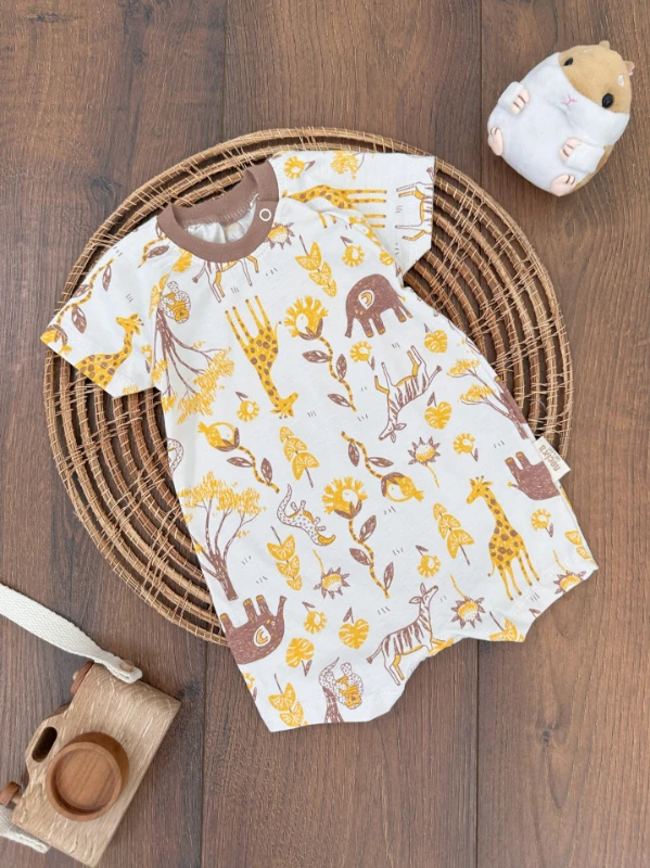 Zürafa Çıtçıtlı Yazlık 3lü Yenidoğan Erkek Bebek Tulum Set