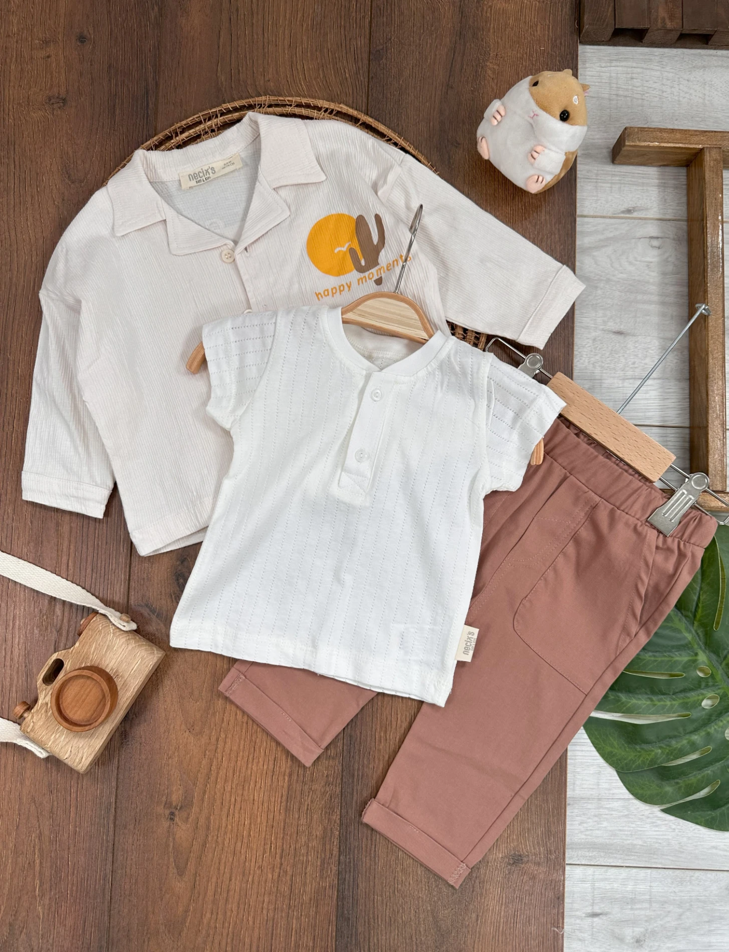 Kaktüs Bakılı Gömlek Badili Keten Pantolonlu 3lü Erkek Bebek Takım - KAHVE