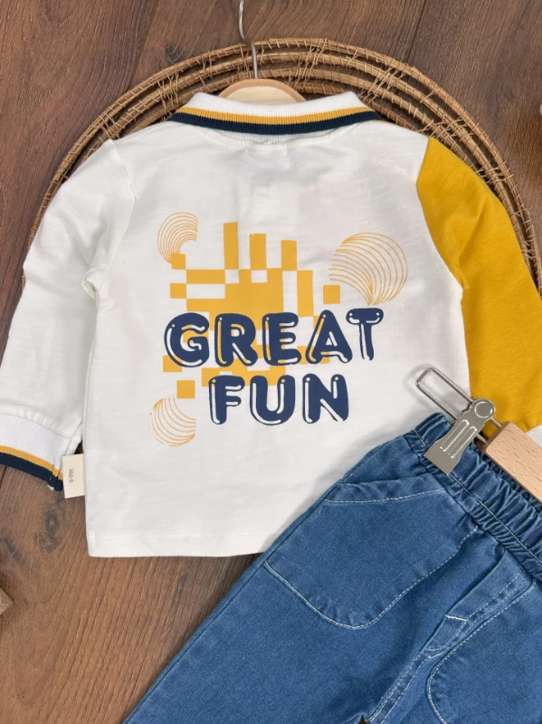 Polo Yaka Sweatshirt Likralı Kot Pantolon Erkek Bebek Takım