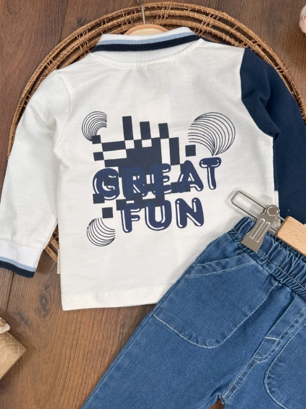 Polo Yaka Sweatshirt Likralı Kot Pantolon Erkek Bebek Takım