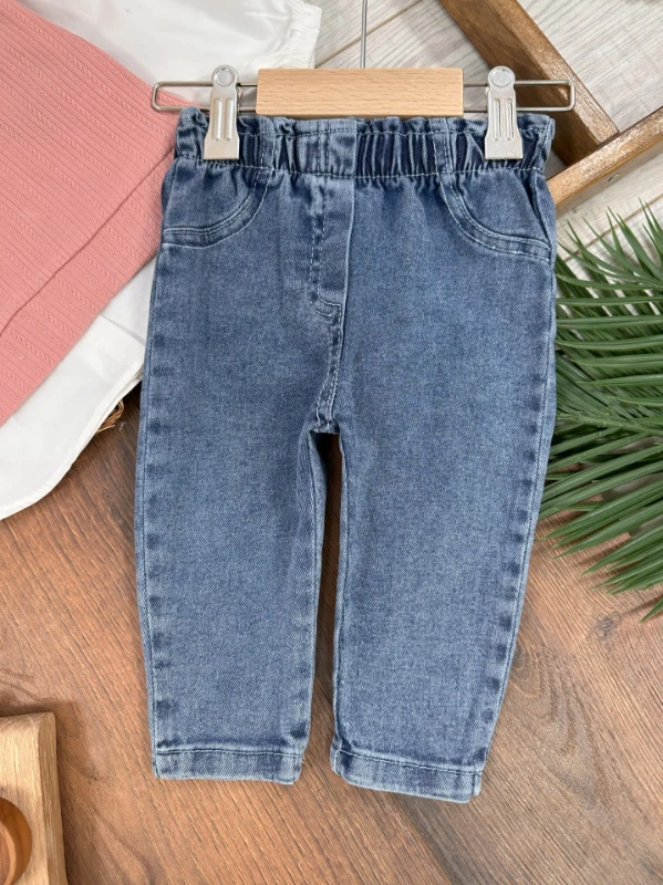 Bebe Yaka Çiçek Nakışlı Bitişik Süveterli Likralı Kot Pantolon Kız Bebek Takım
