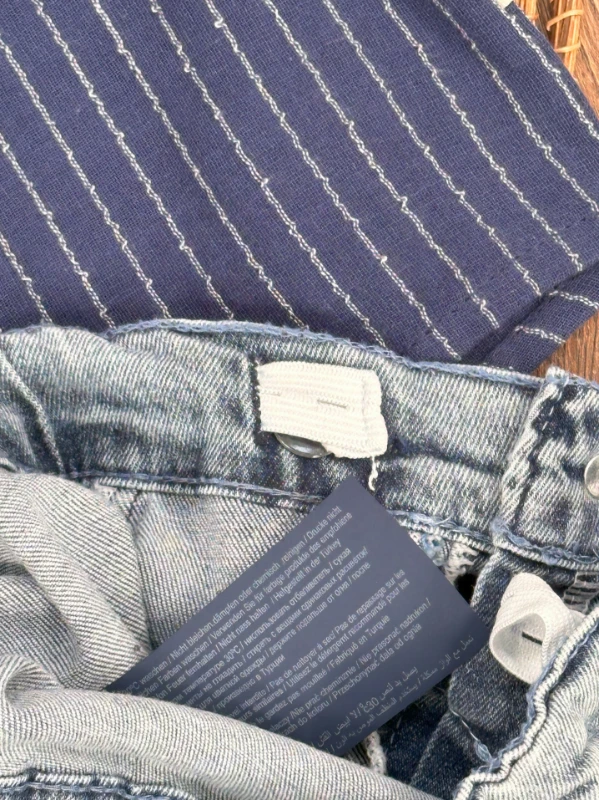 Keten Çizgili Gömlek Askı Kemerli Likralı Kot Pantolon Erkek Bebek Takım (alt/üst ) 