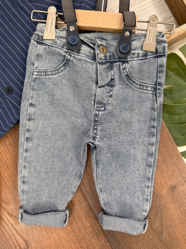 Keten Çizgili Gömlek Askı Kemerli Likralı Kot Pantolon Erkek Bebek Takım (alt/üst ) 