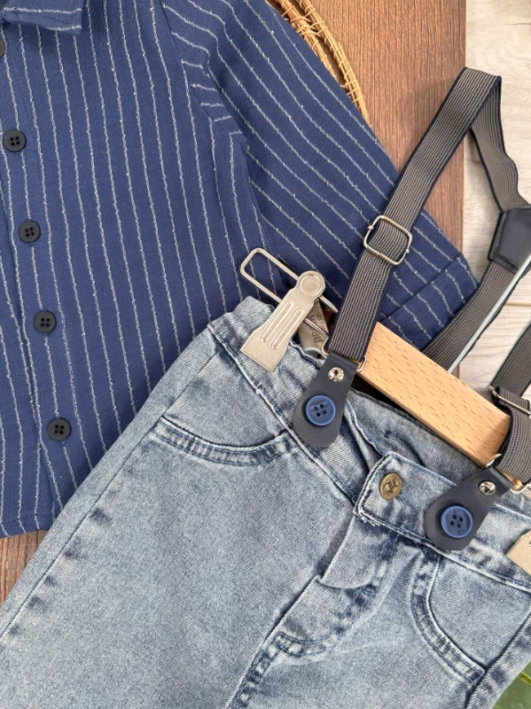 Keten Çizgili Gömlek Askı Kemerli Likralı Kot Pantolon Erkek Bebek Takım (alt/üst ) 
