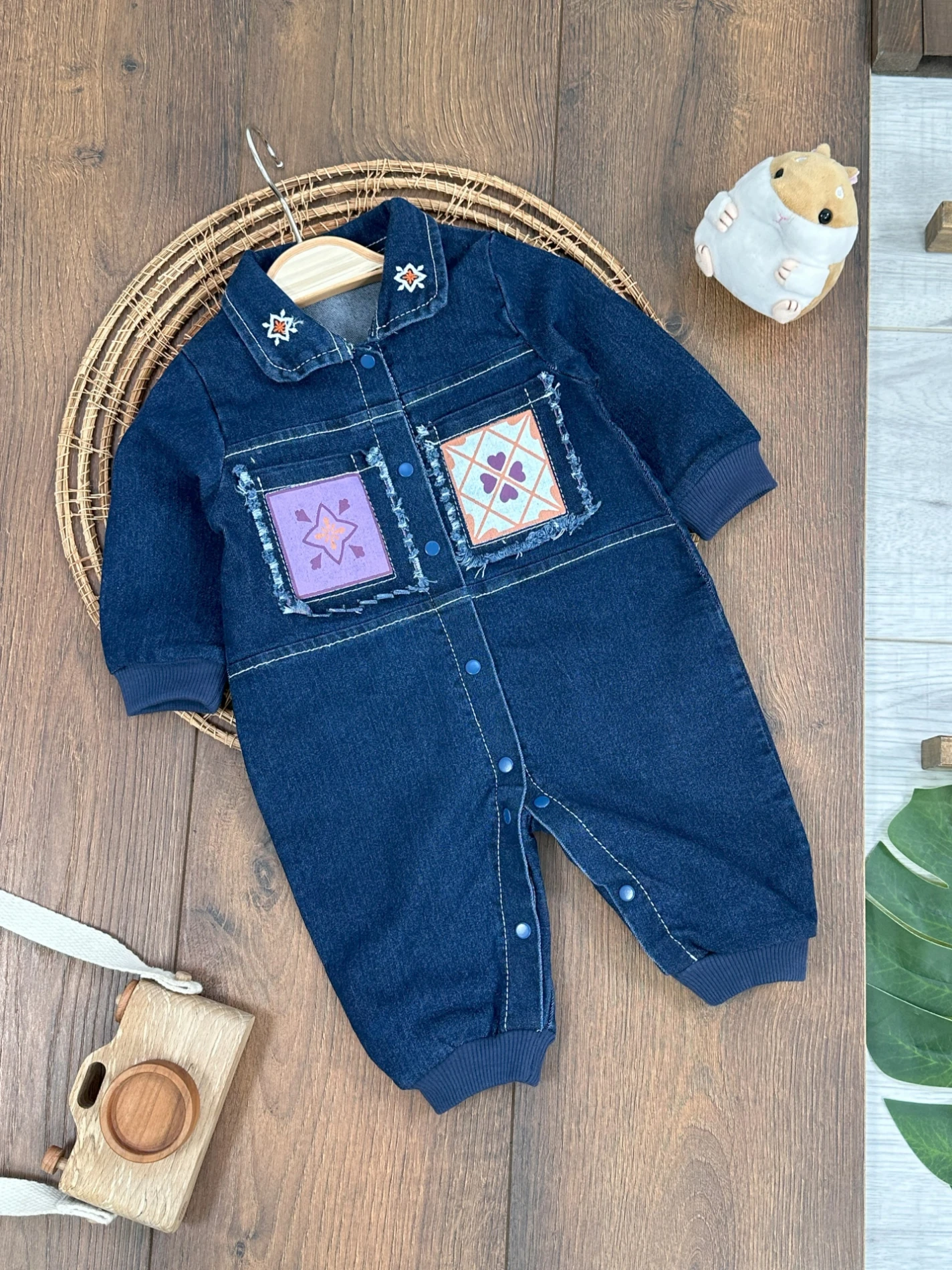 Likralı Kot Tulum Etnik Desen Yama Detaylı Çıtçıtlı Kız Bebek Kot Tulum