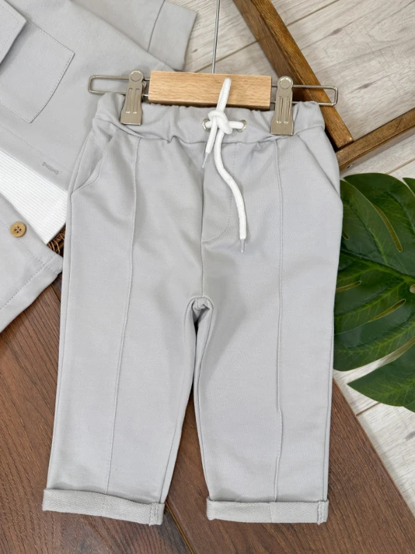 Safari Önden Düğmeli İki Cep Detaylı Waffle Omuzdan Çıtçıtlı Sweatshirt 3lü Erkek Bebek Takım 