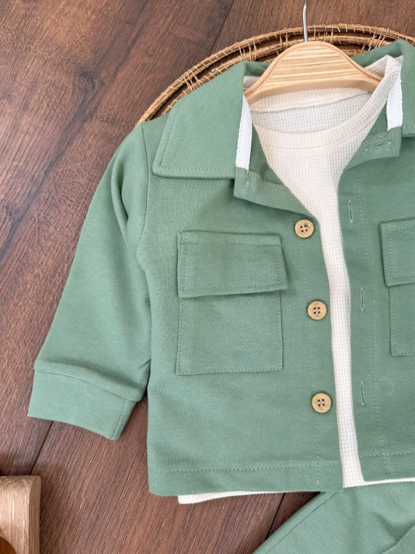 Safari Önden Düğmeli İki Cep Detaylı Waffle Omuzdan Çıtçıtlı Sweatshirt 3lü Erkek Bebek Takım 