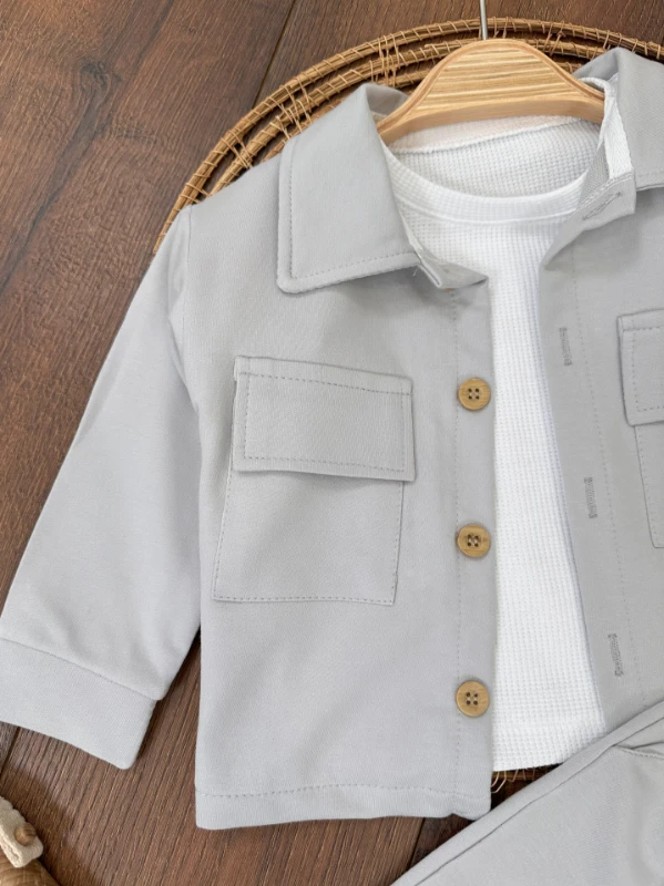 Safari Önden Düğmeli İki Cep Detaylı Waffle Omuzdan Çıtçıtlı Sweatshirt 3lü Erkek Bebek Takım 