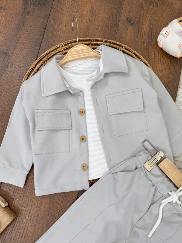 Safari Önden Düğmeli İki Cep Detaylı Waffle Omuzdan Çıtçıtlı Sweatshirt 3lü Erkek Bebek Takım 