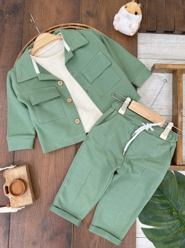 Safari Önden Düğmeli İki Cep Detaylı Waffle Omuzdan Çıtçıtlı Sweatshirt 3lü Erkek Bebek Takım 