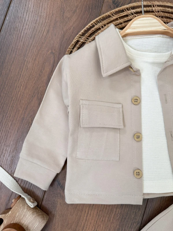 Safari Önden Düğmeli İki Cep Detaylı Waffle Omuzdan Çıtçıtlı Sweatshirt 3lü Erkek Bebek Takım 