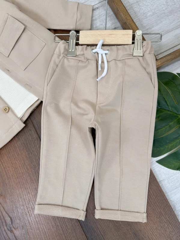 Safari Önden Düğmeli İki Cep Detaylı Waffle Omuzdan Çıtçıtlı Sweatshirt 3lü Erkek Bebek Takım 