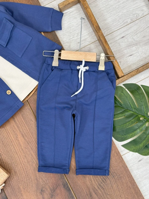 Safari Önden Düğmeli İki Cep Detaylı Waffle Omuzdan Çıtçıtlı Sweatshirt 3lü Erkek Bebek Takım 