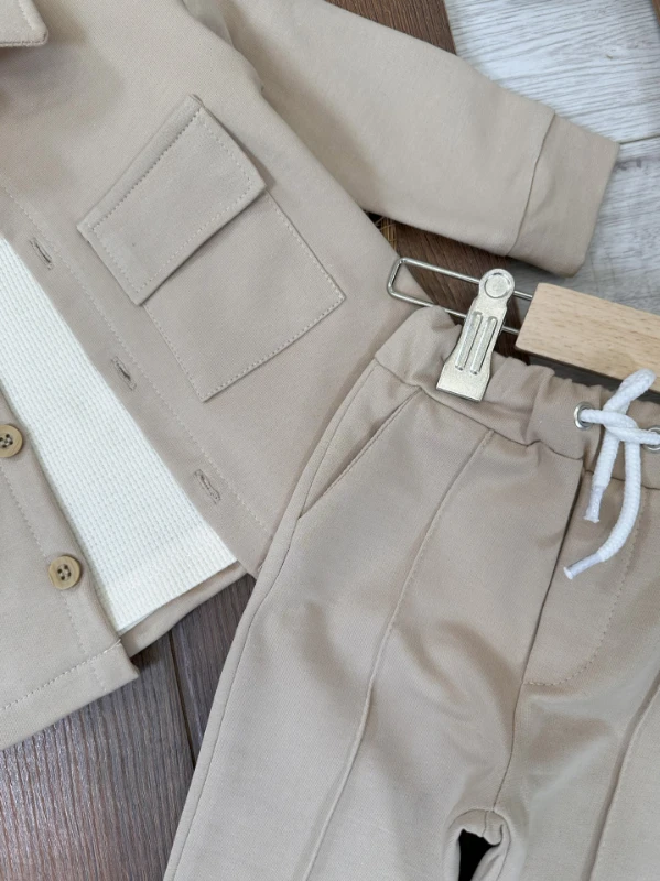 Safari Önden Düğmeli İki Cep Detaylı Waffle Omuzdan Çıtçıtlı Sweatshirt 3lü Erkek Bebek Takım 