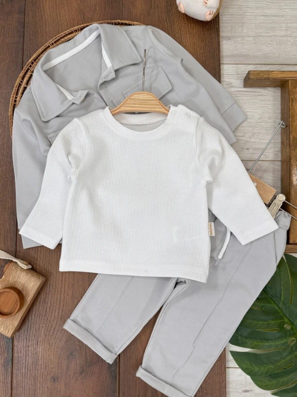 Safari Önden Düğmeli İki Cep Detaylı Waffle Omuzdan Çıtçıtlı Sweatshirt 3lü Erkek Bebek Takım 