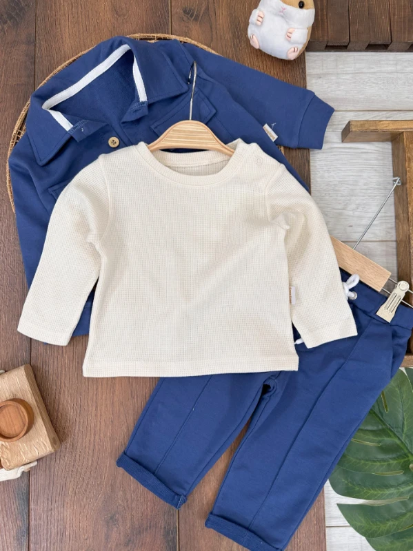 Safari Önden Düğmeli İki Cep Detaylı Waffle Omuzdan Çıtçıtlı Sweatshirt 3lü Erkek Bebek Takım 
