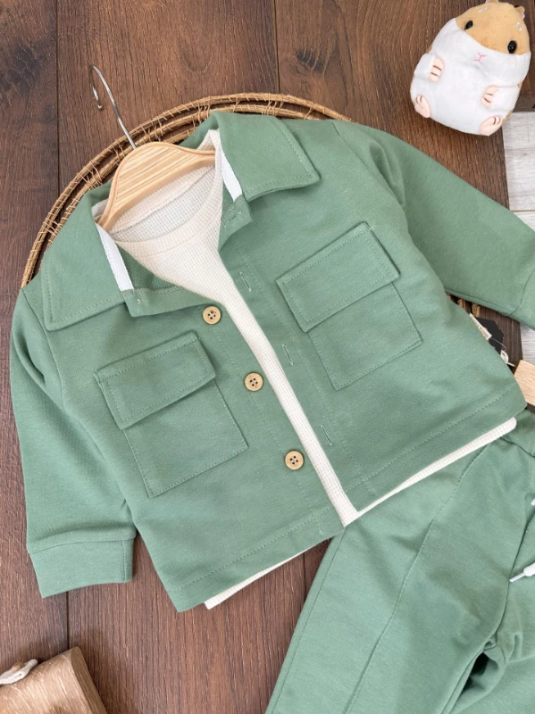 Safari Önden Düğmeli İki Cep Detaylı Waffle Omuzdan Çıtçıtlı Sweatshirt 3lü Erkek Bebek Takım 