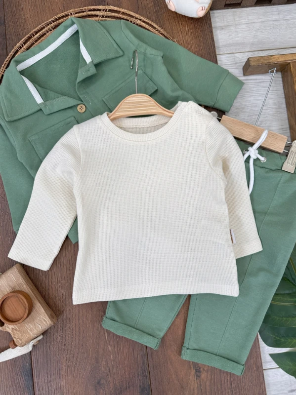 Safari Önden Düğmeli İki Cep Detaylı Waffle Omuzdan Çıtçıtlı Sweatshirt 3lü Erkek Bebek Takım 