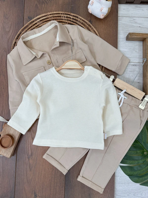 Safari Önden Düğmeli İki Cep Detaylı Waffle Omuzdan Çıtçıtlı Sweatshirt 3lü Erkek Bebek Takım 