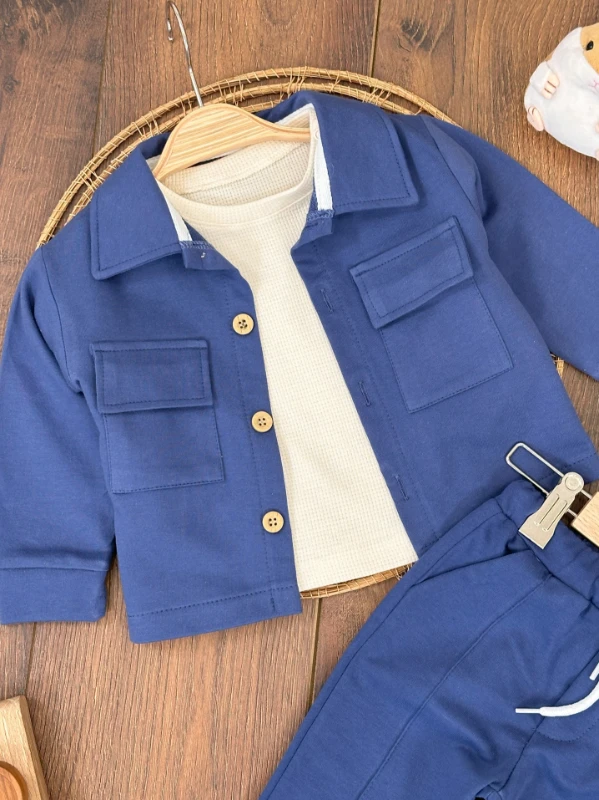 Safari Önden Düğmeli İki Cep Detaylı Waffle Omuzdan Çıtçıtlı Sweatshirt 3lü Erkek Bebek Takım 