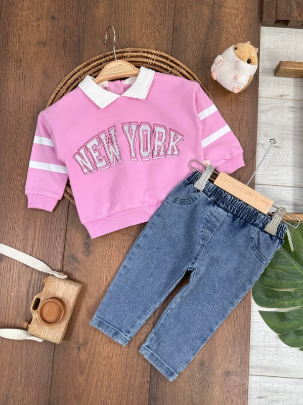 New York Polo Yaka Sweatshirt Likralı Kot Pantolon Kız Bebek Alt-Üst Takım