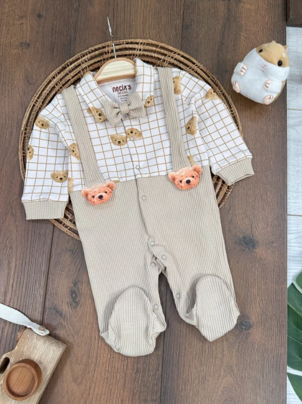 Kaşkorse Esnek Papyonlu Ayıcık Figürlü Patikli Çıtçıtlı Erkek Bebek Tulum