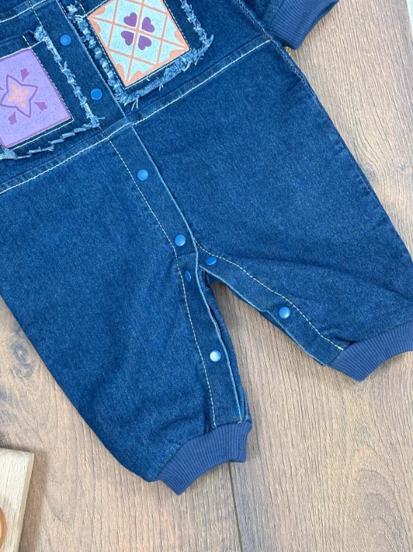 Likralı Kot Tulum Etnik Desen Yama Detaylı Çıtçıtlı Kız Bebek Kot Tulum