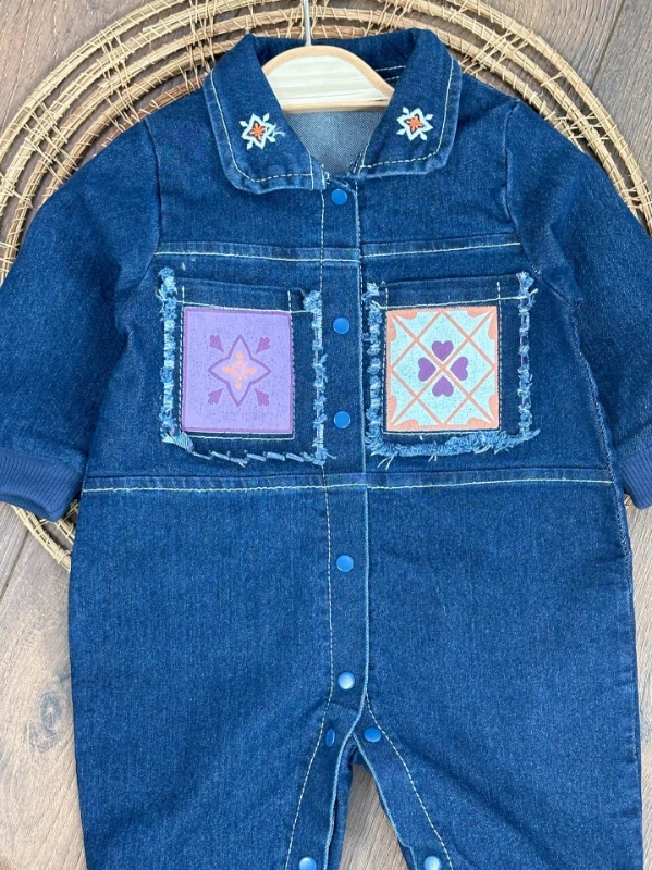 Likralı Kot Tulum Etnik Desen Yama Detaylı Çıtçıtlı Kız Bebek Kot Tulum