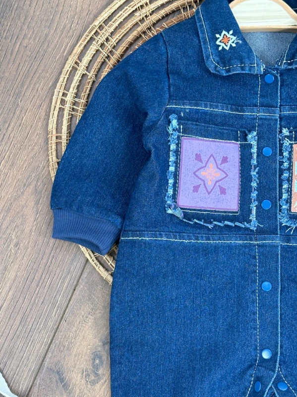 Likralı Kot Tulum Etnik Desen Yama Detaylı Çıtçıtlı Kız Bebek Kot Tulum