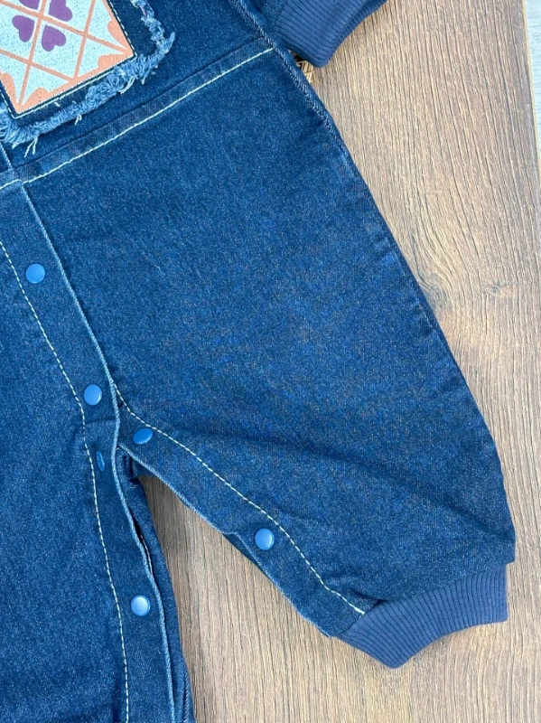 Likralı Kot Tulum Etnik Desen Yama Detaylı Çıtçıtlı Kız Bebek Kot Tulum